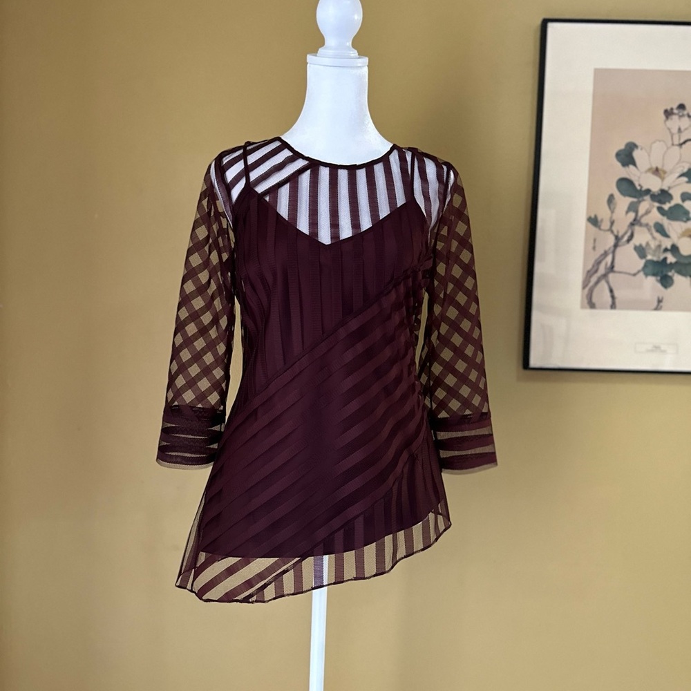 ♥️Antonio Melani Luxe Burgundy Mesh Striped Blouse - XS